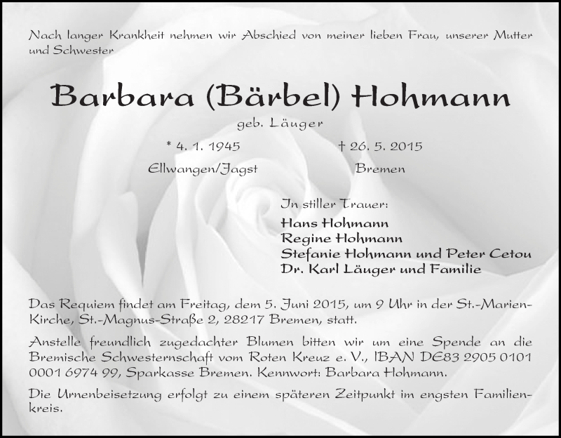 Traueranzeige von Barbara (Bärbel) Hohmann von WESER-KURIER