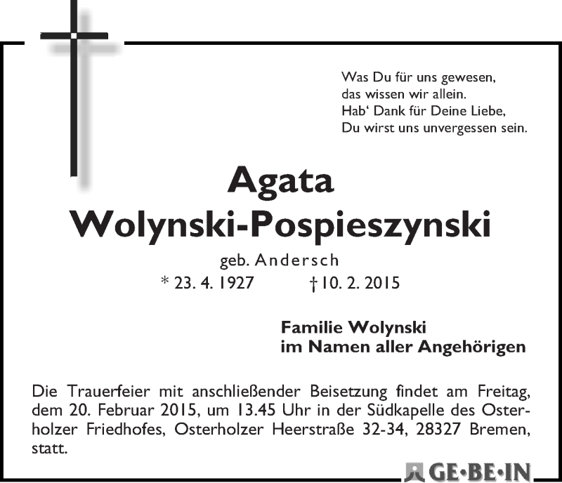 Traueranzeige von Agata Wolynski-Pospieszynski von WESER-KURIER