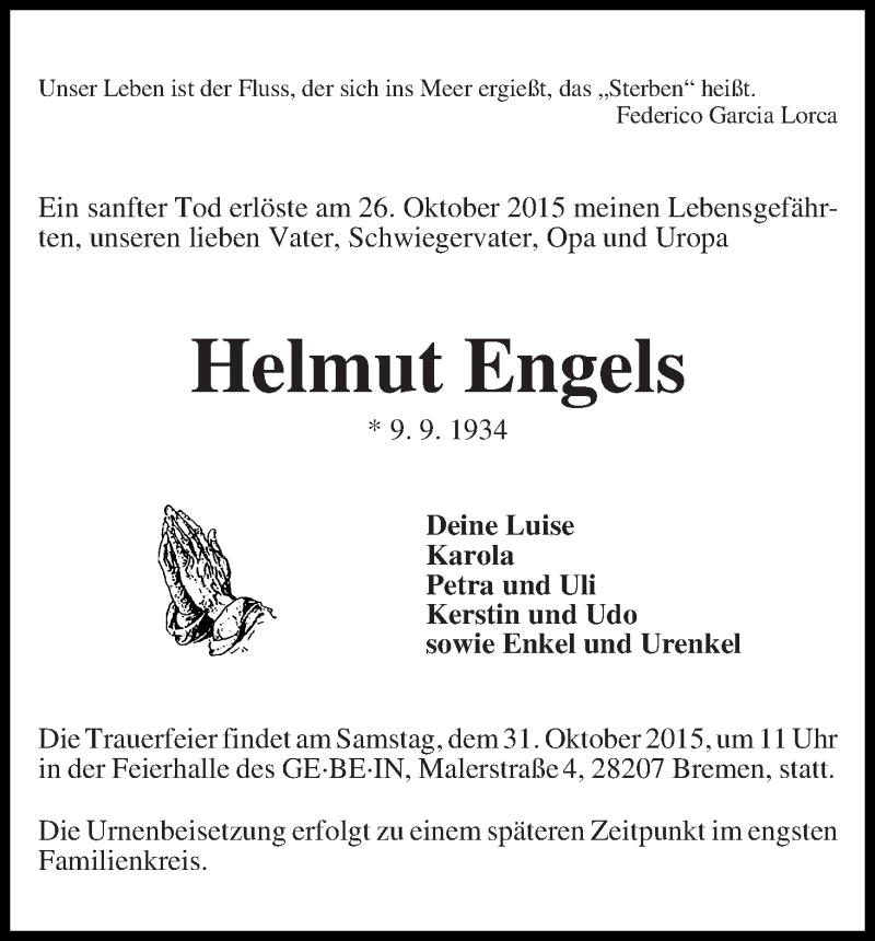 Traueranzeige von Helmut Engels von WESER-KURIER