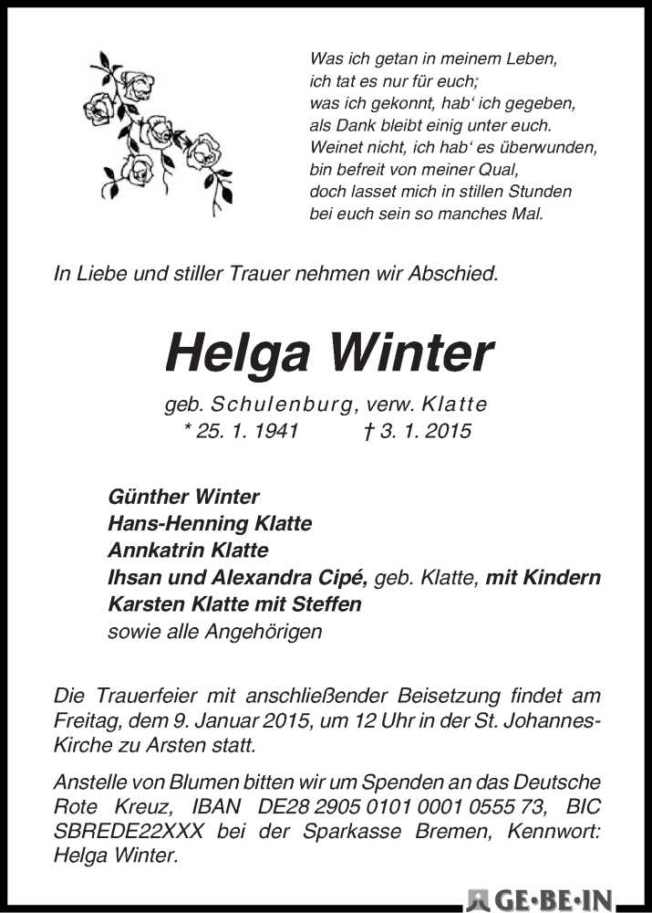 Traueranzeige von Helga Winter von WESER-KURIER