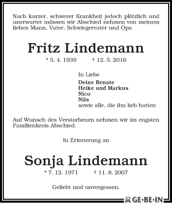 Traueranzeige von Fritz und Sonja Lindemann