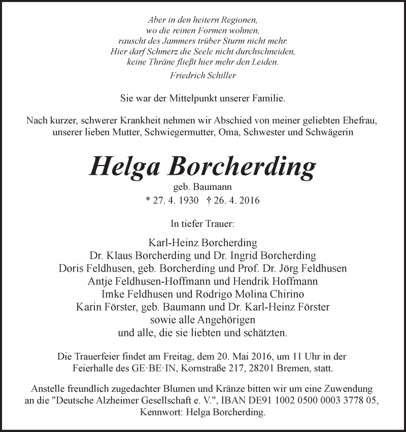 Traueranzeige von Helga Borcherding von WESER-KURIER