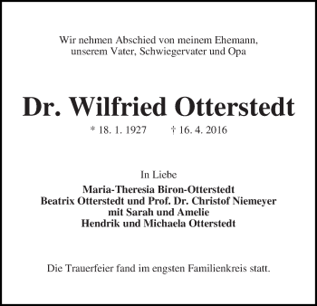 Traueranzeige von Dr. Wilfried Otterstedt