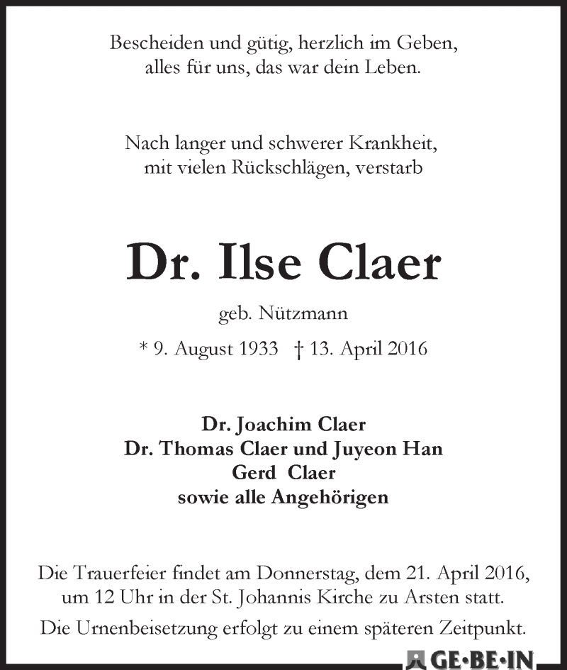 Traueranzeige von Ilse Claer von WESER-KURIER