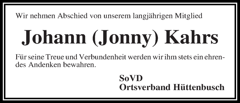 Traueranzeige von Johann (Jonny) Kahrs von Wuemme Zeitung