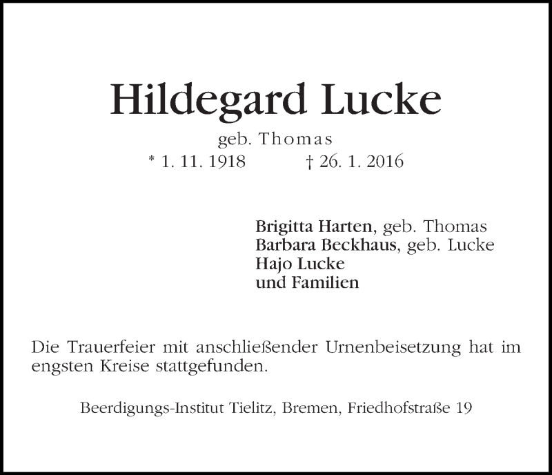 Traueranzeige von Hildegard Lucke von WESER-KURIER