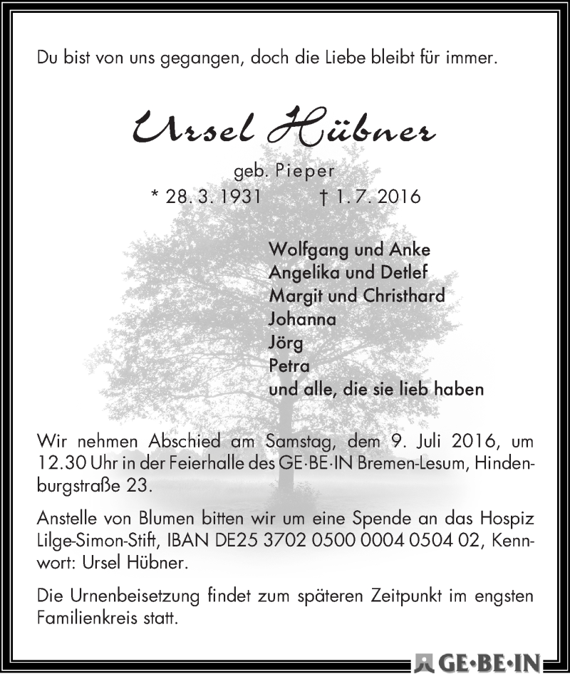 Traueranzeige von Ursel Hübner von WESER-KURIER