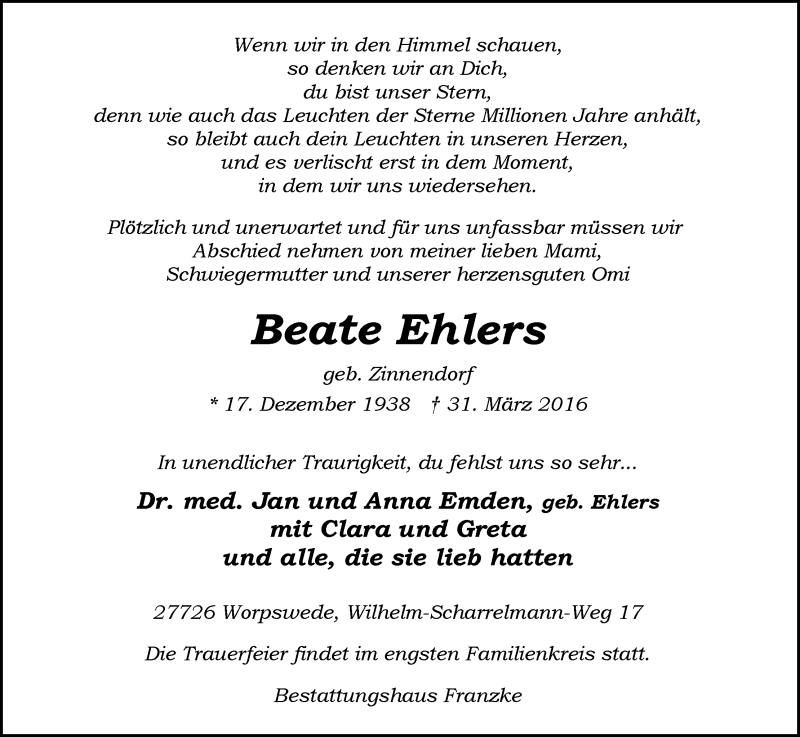  Traueranzeige für Beate Ehlers vom 09.04.2016 aus Wuemme Zeitung