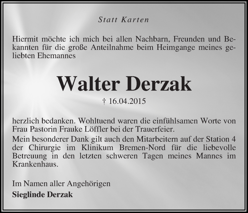 Traueranzeige von Walter Derzak von Die Norddeutsche