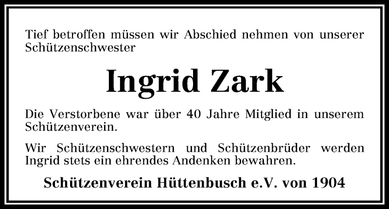 Traueranzeige von Ingrid Zark von Wuemme Zeitung