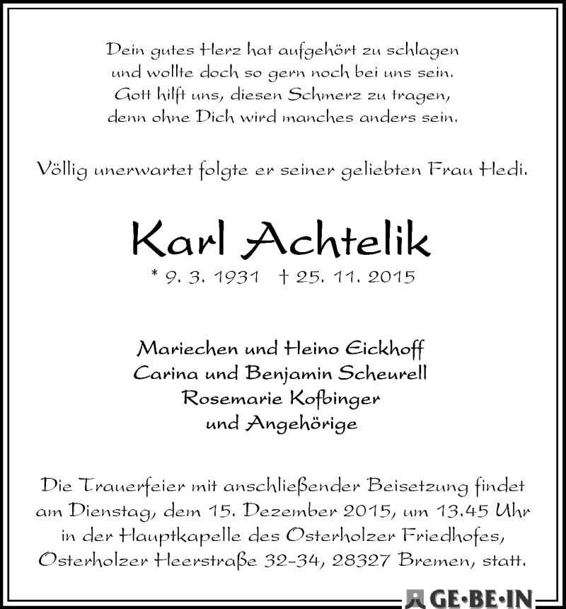 Traueranzeige von Karl Achtelik von WESER-KURIER