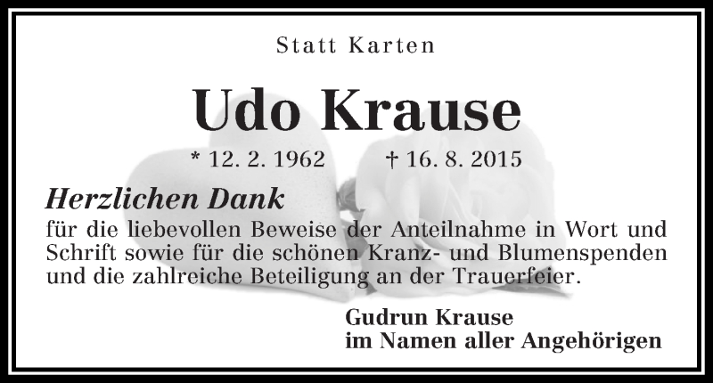  Traueranzeige für Udo Krause vom 05.09.2015 aus WESER-KURIER