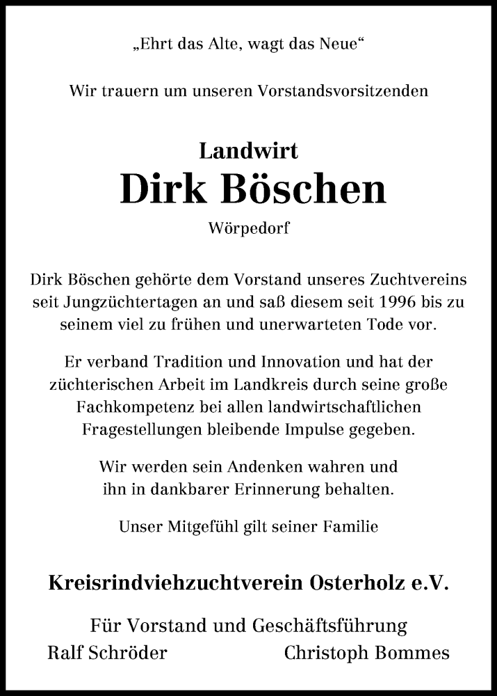  Traueranzeige für Dirk Böschen vom 14.08.2015 aus Die Norddeutsche
