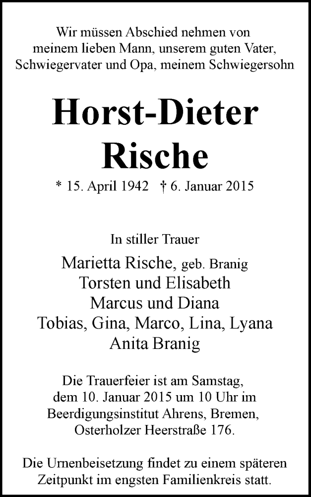 Traueranzeige von Horst-Dieter Rische von WESER-KURIER
