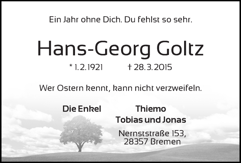  Traueranzeige für Hans-Georg Goltz vom 26.03.2016 aus WESER-KURIER
