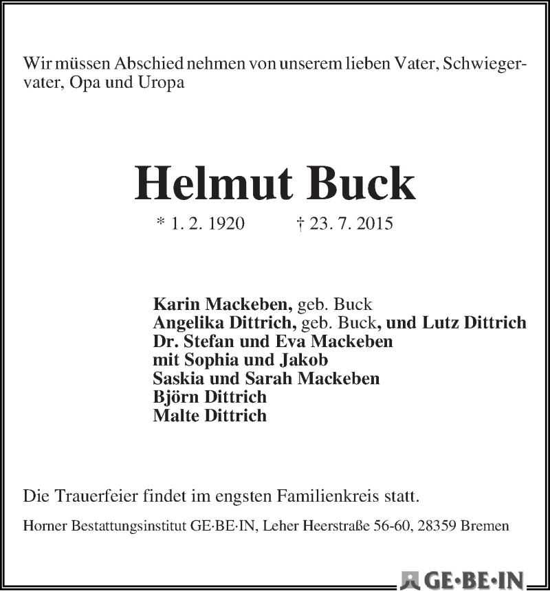 Traueranzeige von Helmut Buck von WESER-KURIER