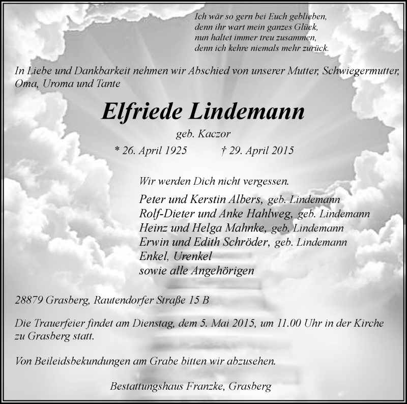 Traueranzeige von Elfriede Lindemann von Wuemme Zeitung