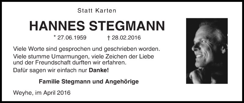 Traueranzeige von Hannes Stegmann von WESER-KURIER