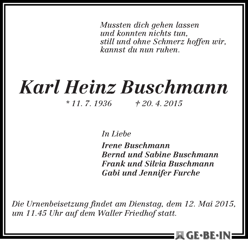 Traueranzeige von Karl Heinz Buschmann von WESER-KURIER