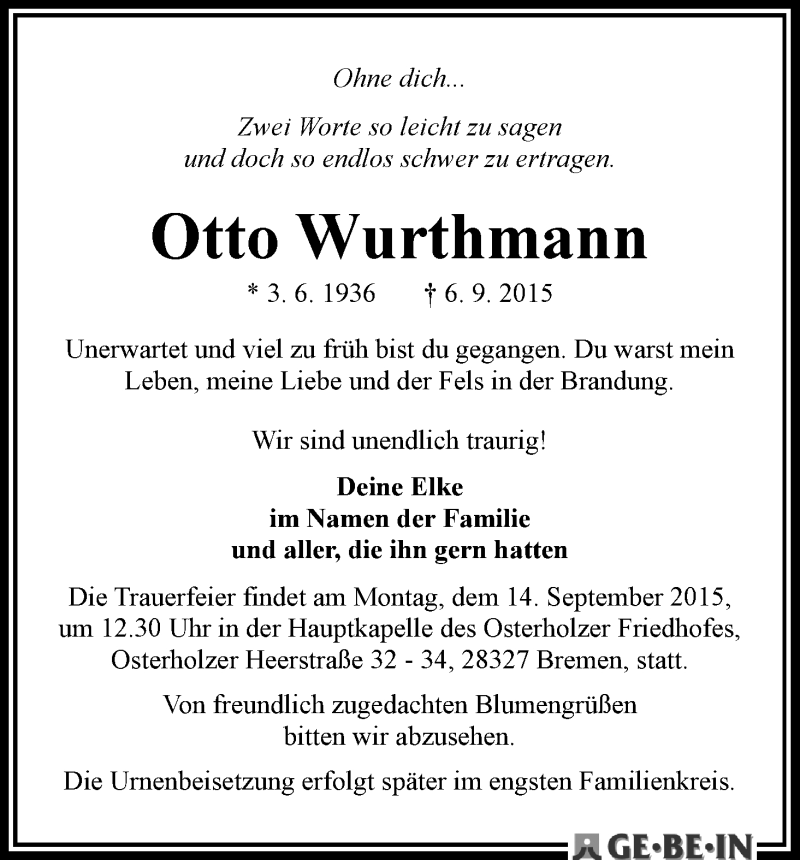 Traueranzeige von Otto Wurthmann von WESER-KURIER