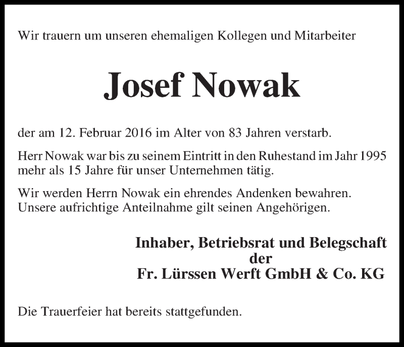 Traueranzeige von Josef Nowak von Die Norddeutsche