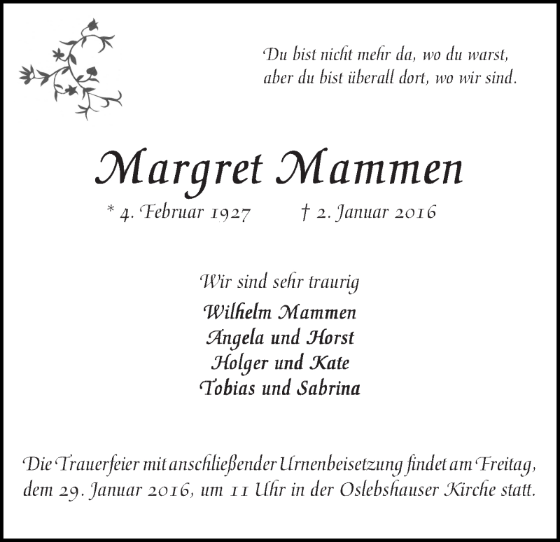 Traueranzeige von Margret Mammen von WESER-KURIER