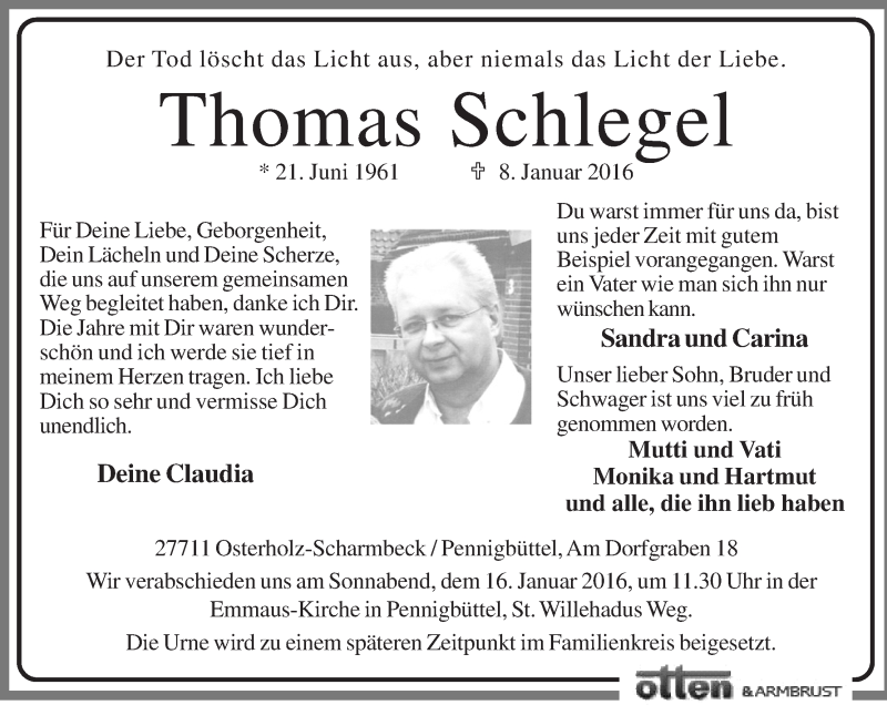  Traueranzeige für Thomas Schlegel vom 11.01.2016 aus WESER-KURIER