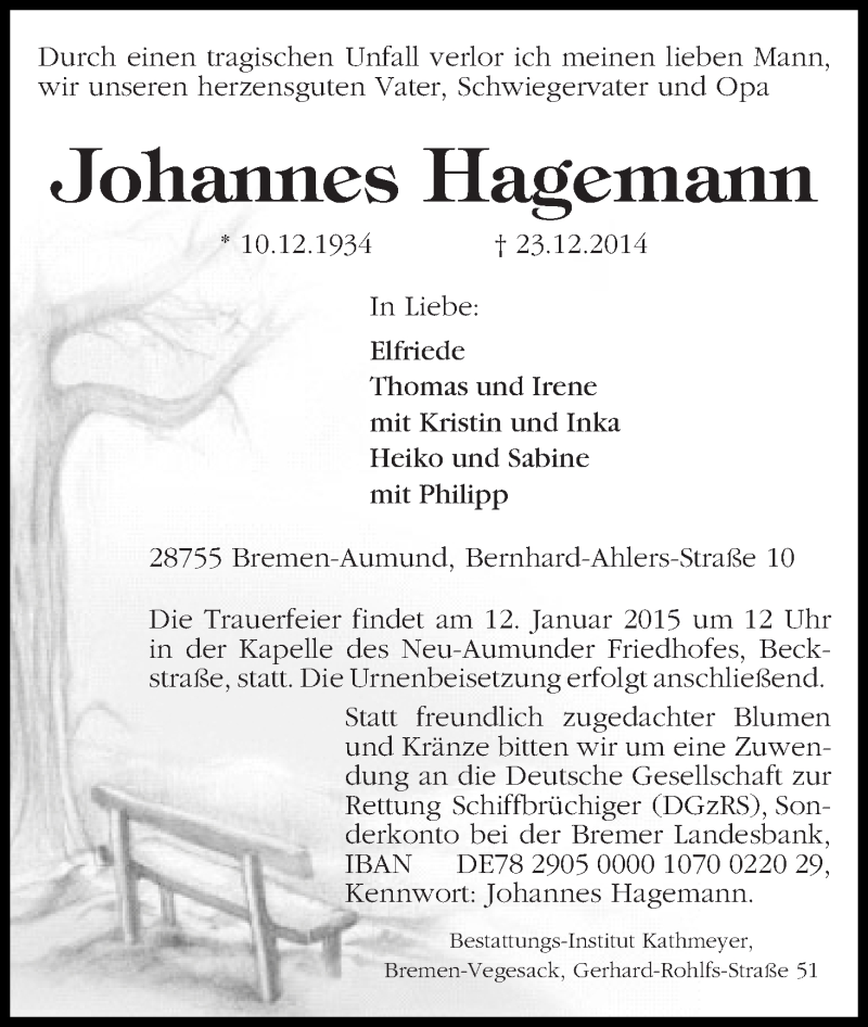 Traueranzeige von Johannes Hagemann von Die Norddeutsche