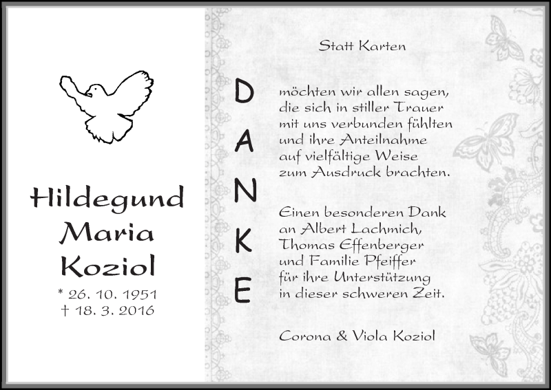 Traueranzeige von Hildegund Maria Koziol von Wuemme Zeitung