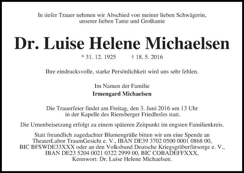 Traueranzeige von Luise Helene Maichaelsen von WESER-KURIER