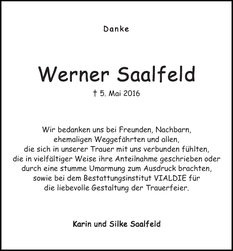 Traueranzeige von Werner Saalfeld von WESER-KURIER