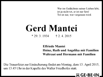 Traueranzeige von Gerd Mantei