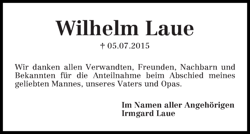 Traueranzeige von Wilhelm Laue von WESER-KURIER