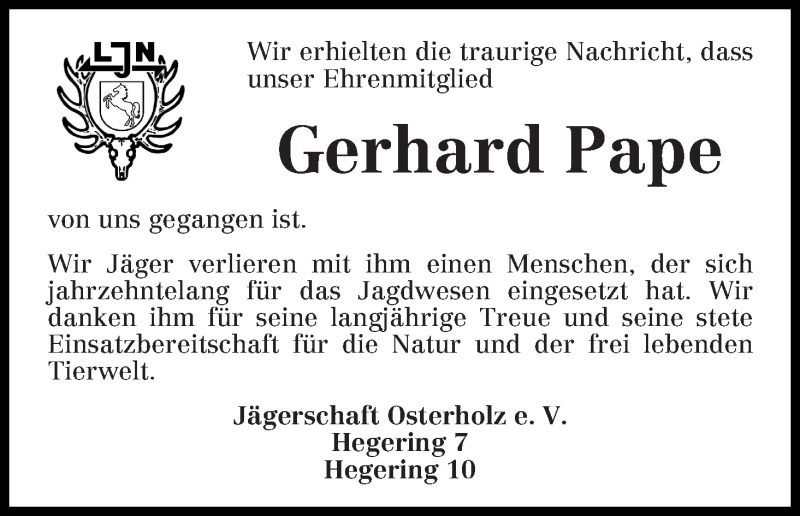 Traueranzeige von Gerhard Pape von Wuemme Zeitung