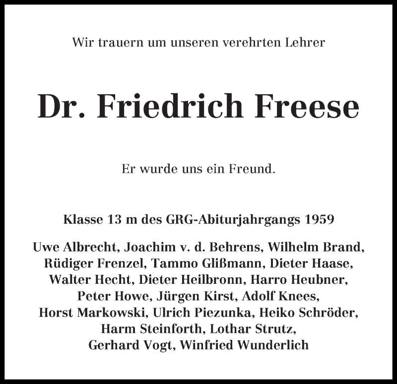 Traueranzeige von Friedrich Freese von WESER-KURIER
