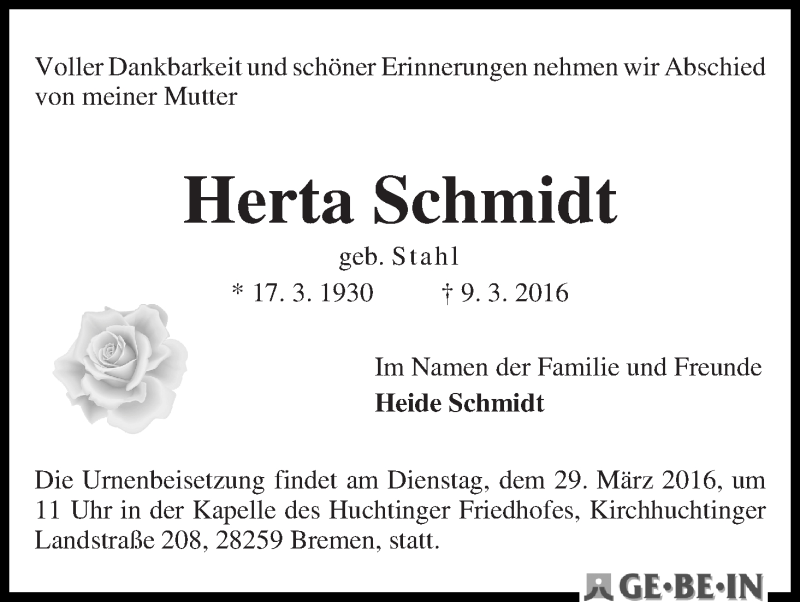Traueranzeige von Herta Schmidt von WESER-KURIER