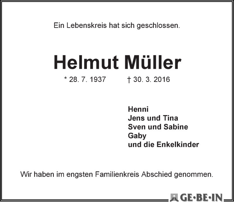 Traueranzeige von Helmut Müller von WESER-KURIER