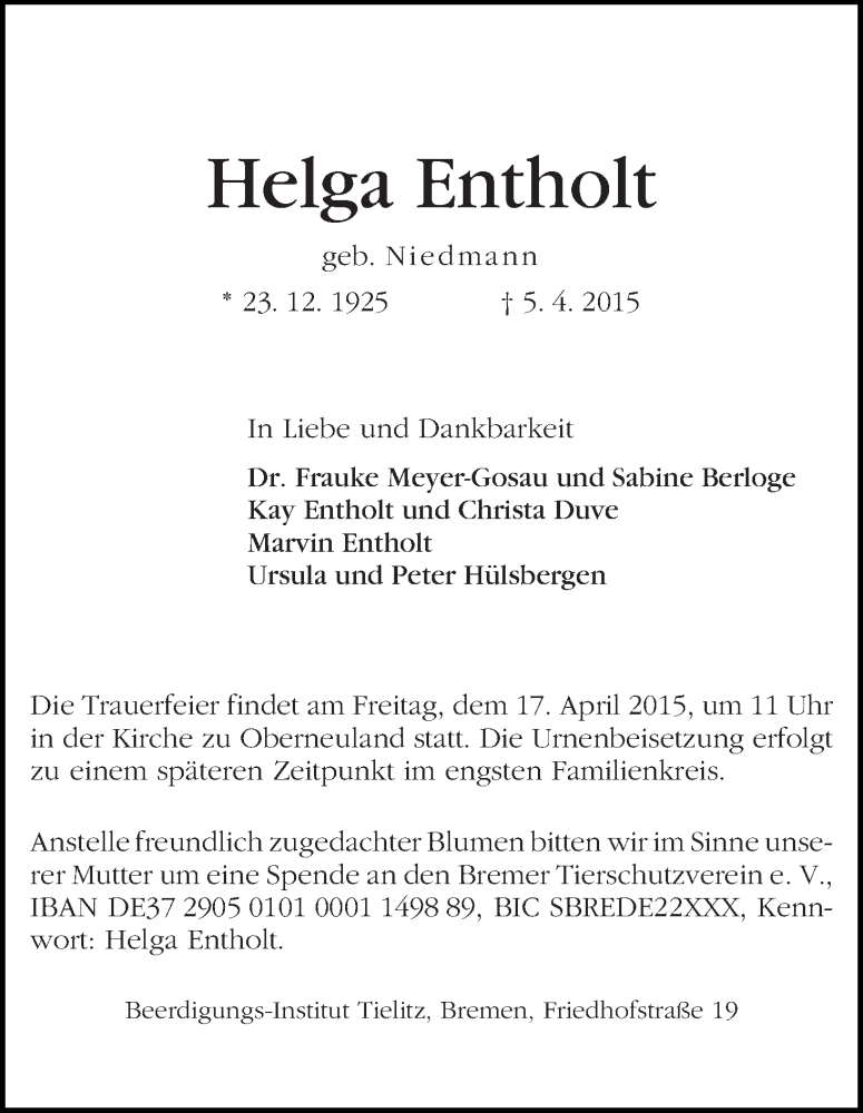 Traueranzeige von Helga Entholt von WESER-KURIER