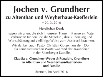 Traueranzeige von Jochen v. Grundherr zu Altenthan u. Weyhehaus-Kaefferlein