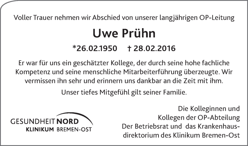 Traueranzeige von Uwe Prühn von WESER-KURIER