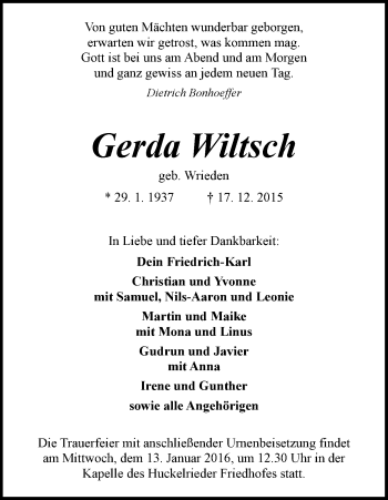 Traueranzeige von Gerda Wiltsch