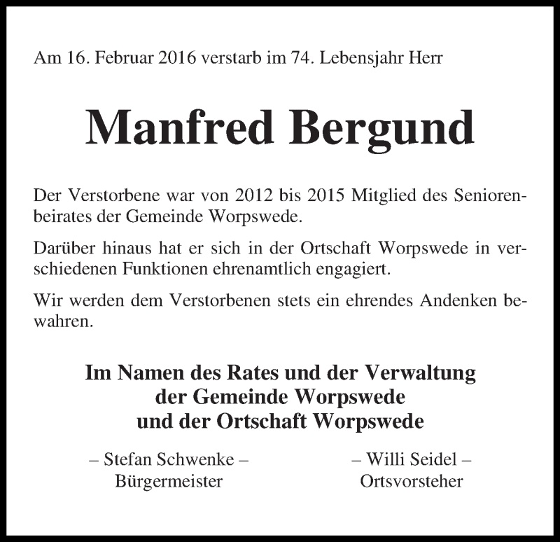 Traueranzeige von Manfred Bergund von Wuemme Zeitung