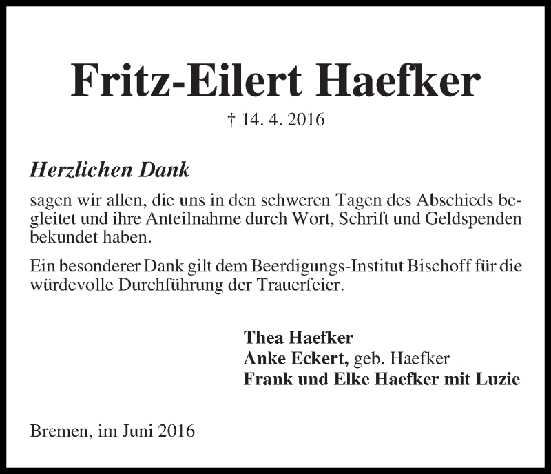 Traueranzeige von Fritz-Eilert Haefker von WESER-KURIER