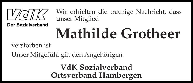 Traueranzeige von Mathilde Grotheer von Osterholzer Kreisblatt