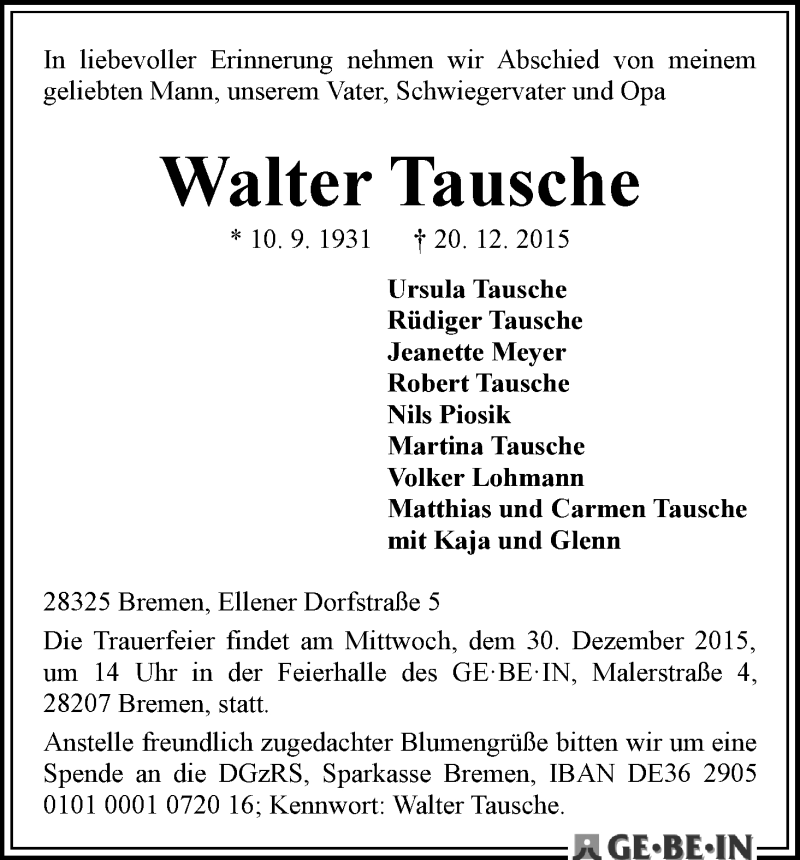 Traueranzeige von Walter Tausche von WESER-KURIER