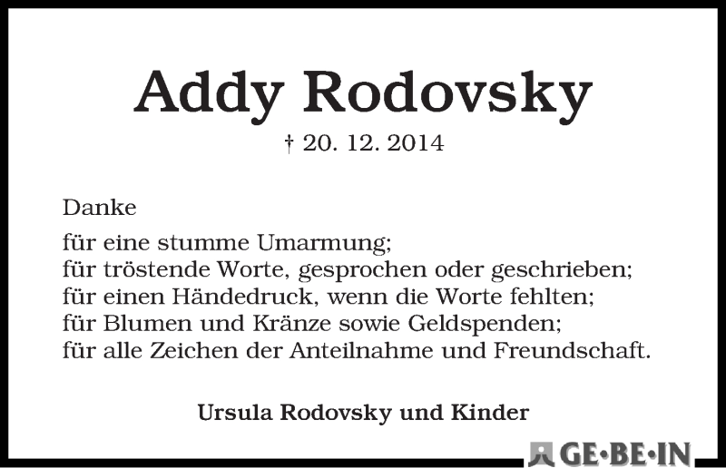 Traueranzeige von Addy Rodovsky von WESER-KURIER