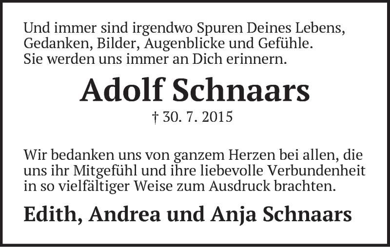 Traueranzeige von Adolf Schnaars von Wuemme Zeitung