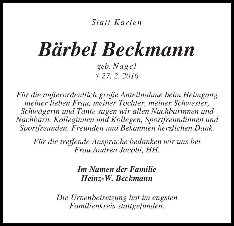 Traueranzeige von Bärbel Beckmann von WESER-KURIER