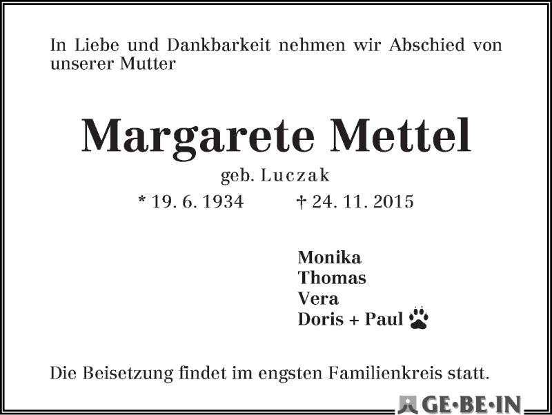 Traueranzeige für Margarete Mettel vom 28.11.2015 aus WESER-KURIER