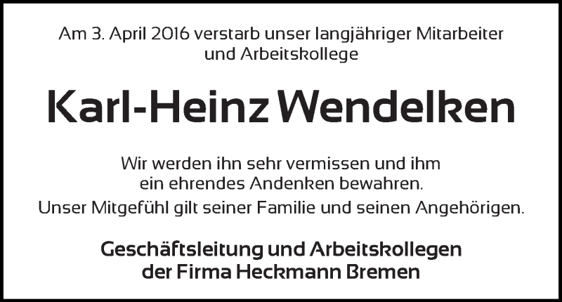 Traueranzeige von Karl-Heinz Wendelken von WESER-KURIER